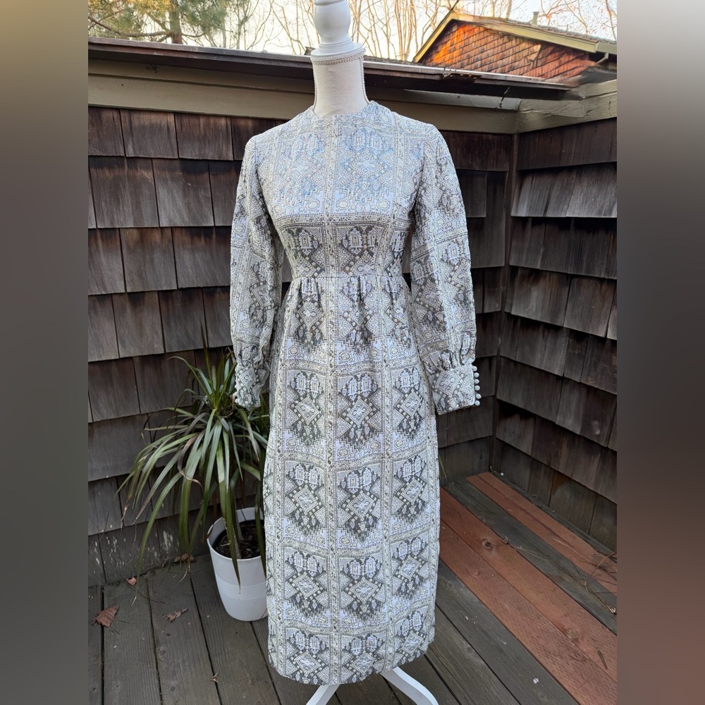 Vintage 70s maxi dress silver metallic brocade empire waist custom made Sz XS/S